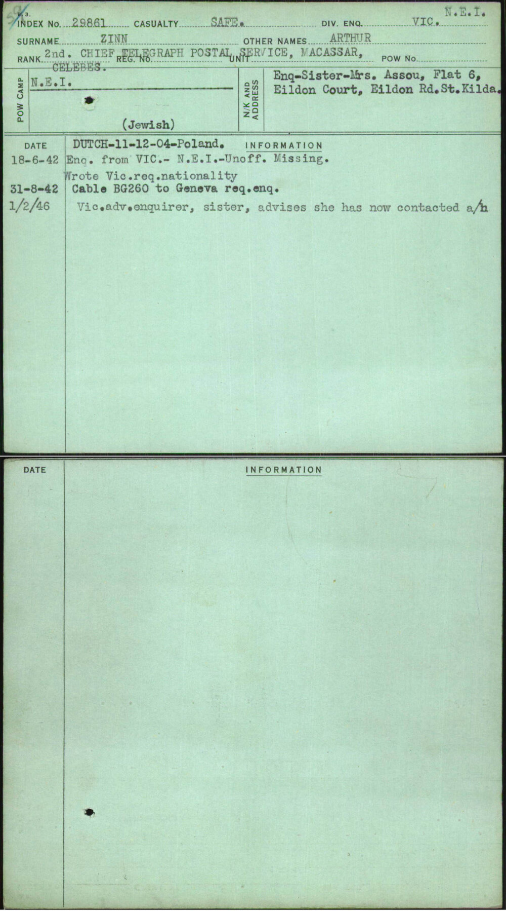 Zinn, Arthur, [No Service Number]