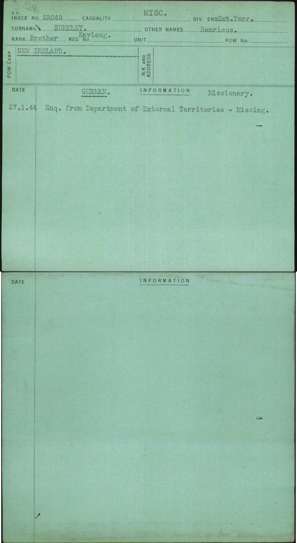 Zumkley, Henricus, Kavieng