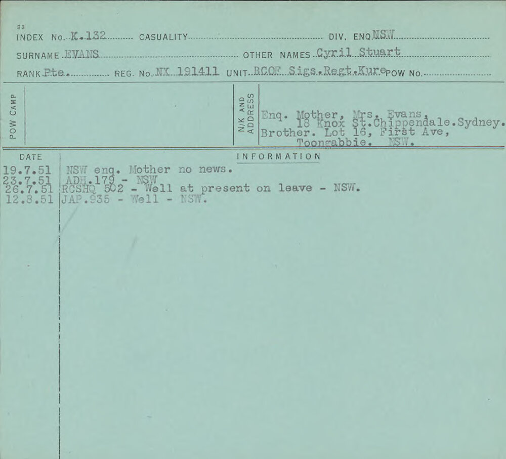 Evans, Cyril Stuart, NX 191411