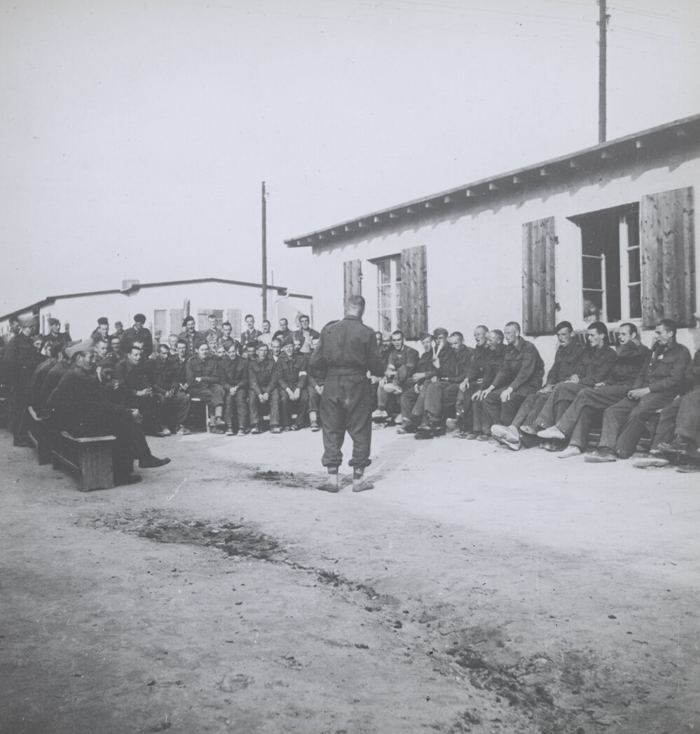 Stalag VIII B, prisoners of war camp. Dance course in front of the hut. Lamsdorf, Poland