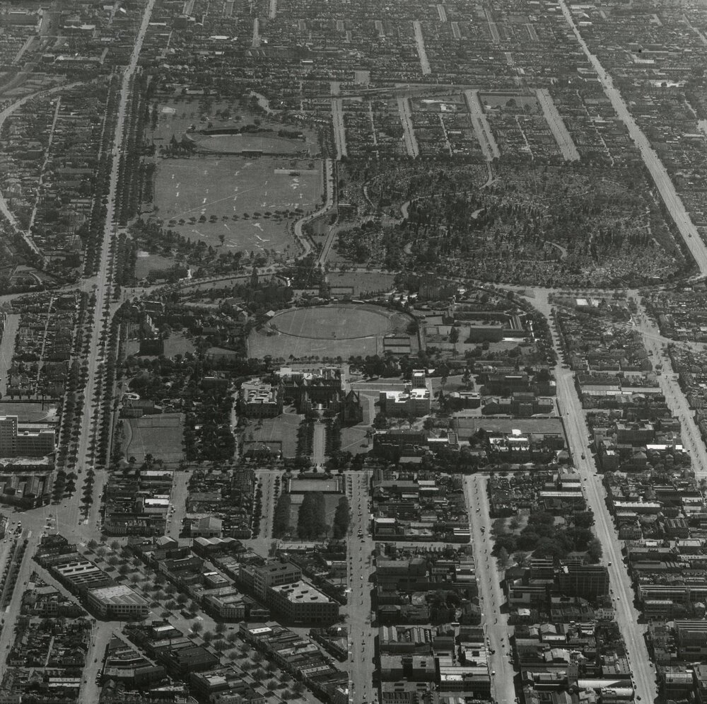 Aerial view of University looking North, University of Melbourne, 11 March 1942.