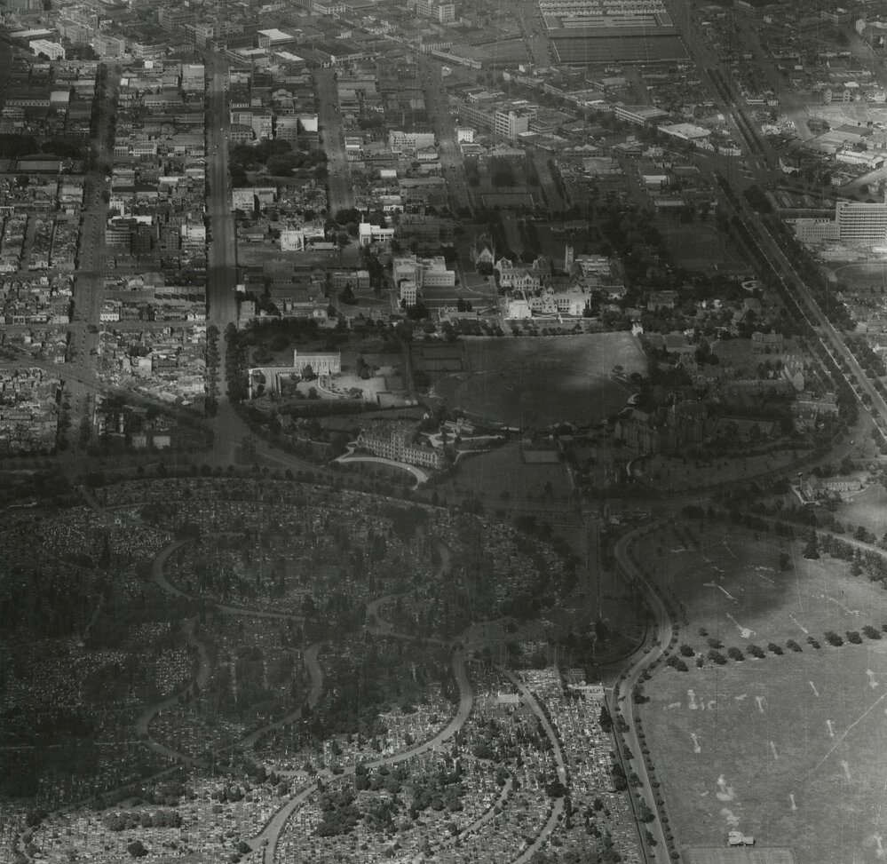 Aerial view of University looking South, University of Melbourne, 11 March 1942.