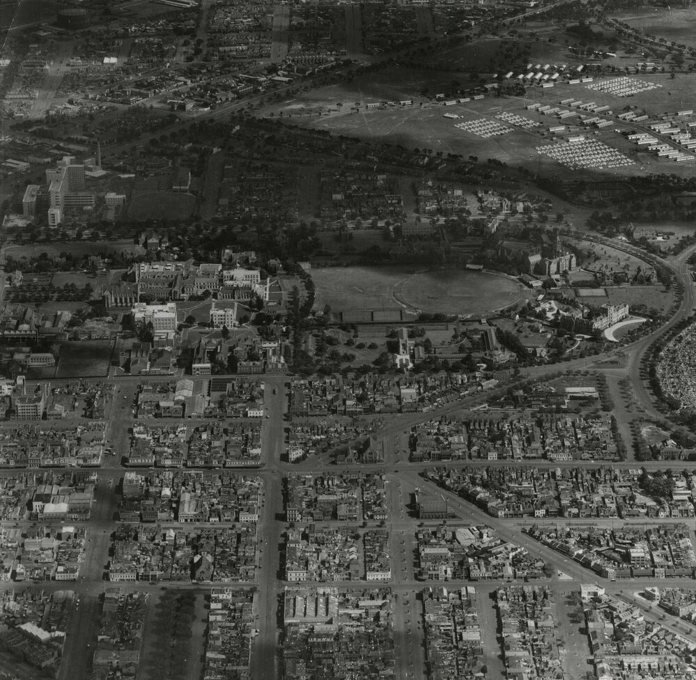 Aerial view of University looking West, University of Melbourne, 11 March 1942.