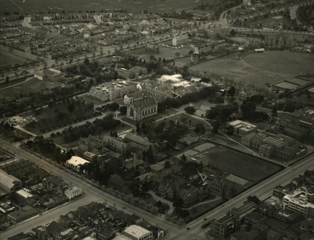 Aerial view of University of Melbourne campus, 1937.