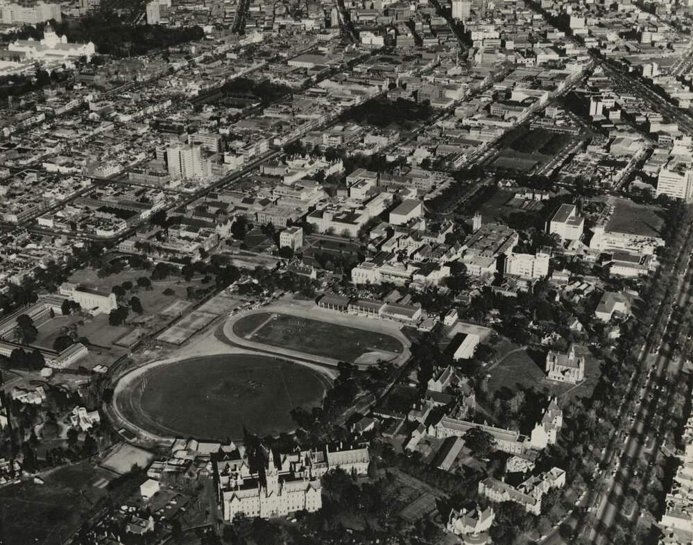 Aerial view of University, University of Melbourne, 1956-1960.