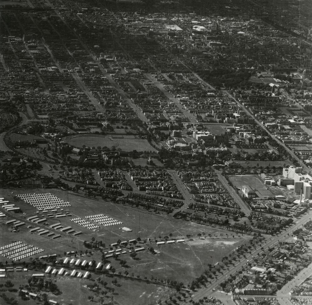 Aeriel view of University looking East, University of Melbourne, 11 March 1942.