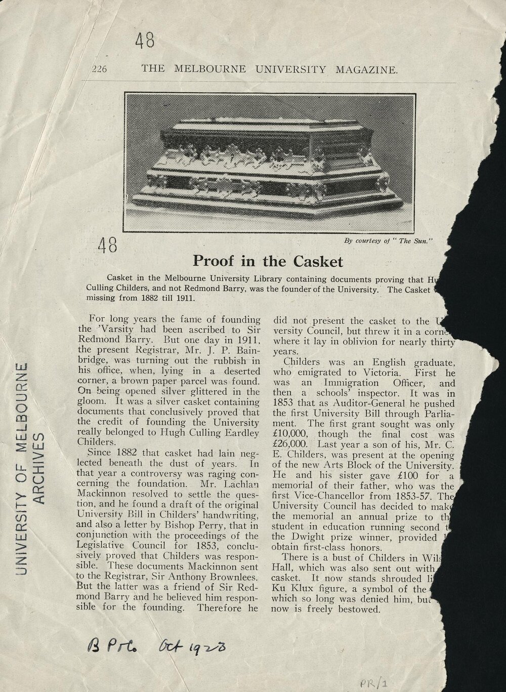 Casket containing documents about the foundation of the University of Melbourne, October 1923.