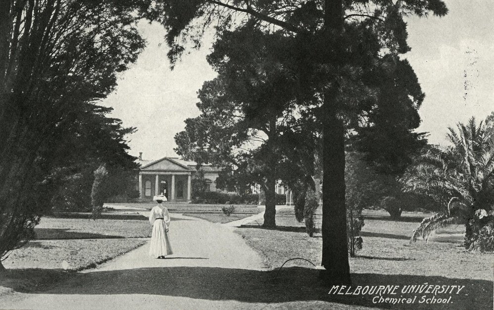 Chemical school in distance, University of Melbourne, circa 1910.