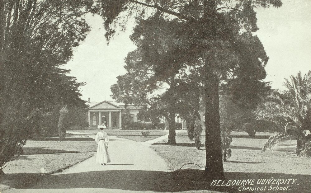 Chemical school in distance, University of Melbourne, circa 1910.