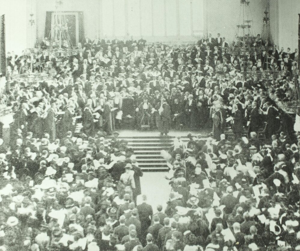 Conferring degree on Duke of York (later King George V) in Old Wilson Hall, University of Melbourne, 12 May 1901.