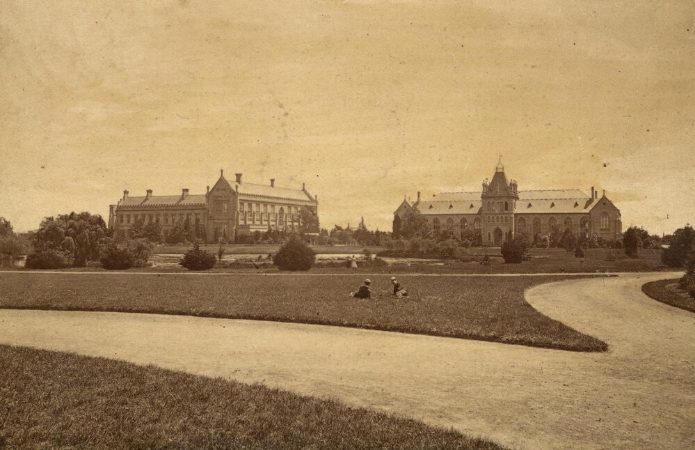 Eastern side of National Museum and Main Building on left, University of Melbourne.