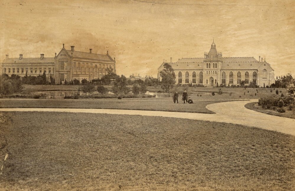 Eastern side of National Museum and Main Building on left, University of Melbourne, c1866