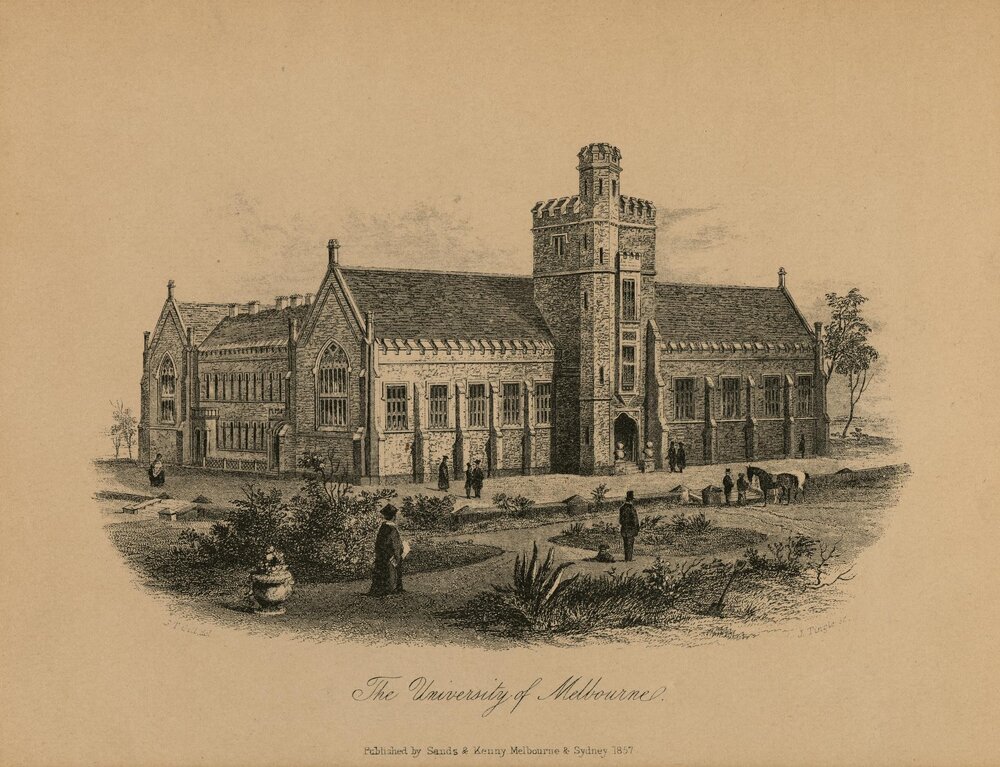 Engraving of proposed south wing of main building, University of Melbourne, 1857