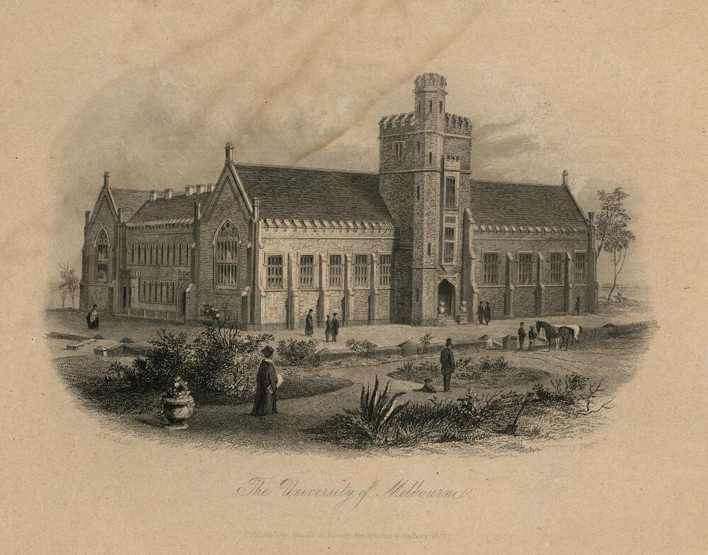 Engraving of proposed south wing of main building, University of Melbourne, 1857