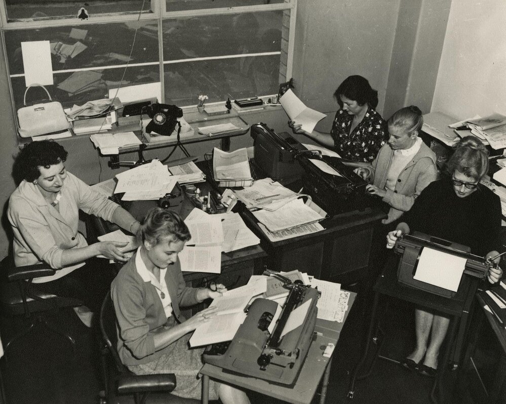 Five typists sharing a room in the New Arts building, University of Melbourne, 1958.