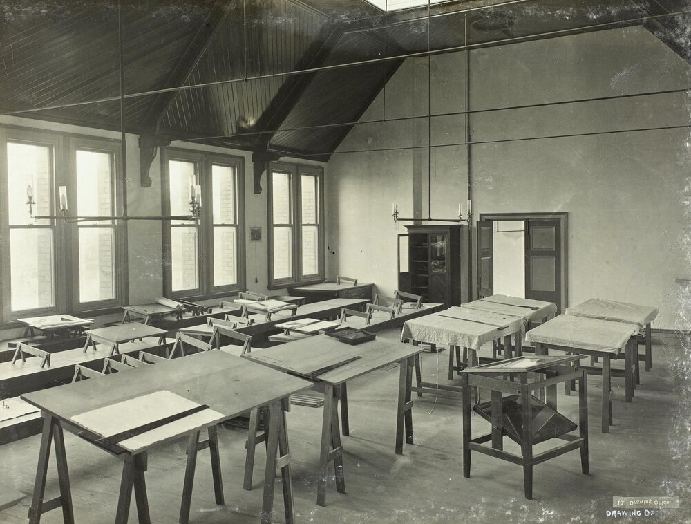 Interior of a drawing office, University of Melbourne, circa 1901.