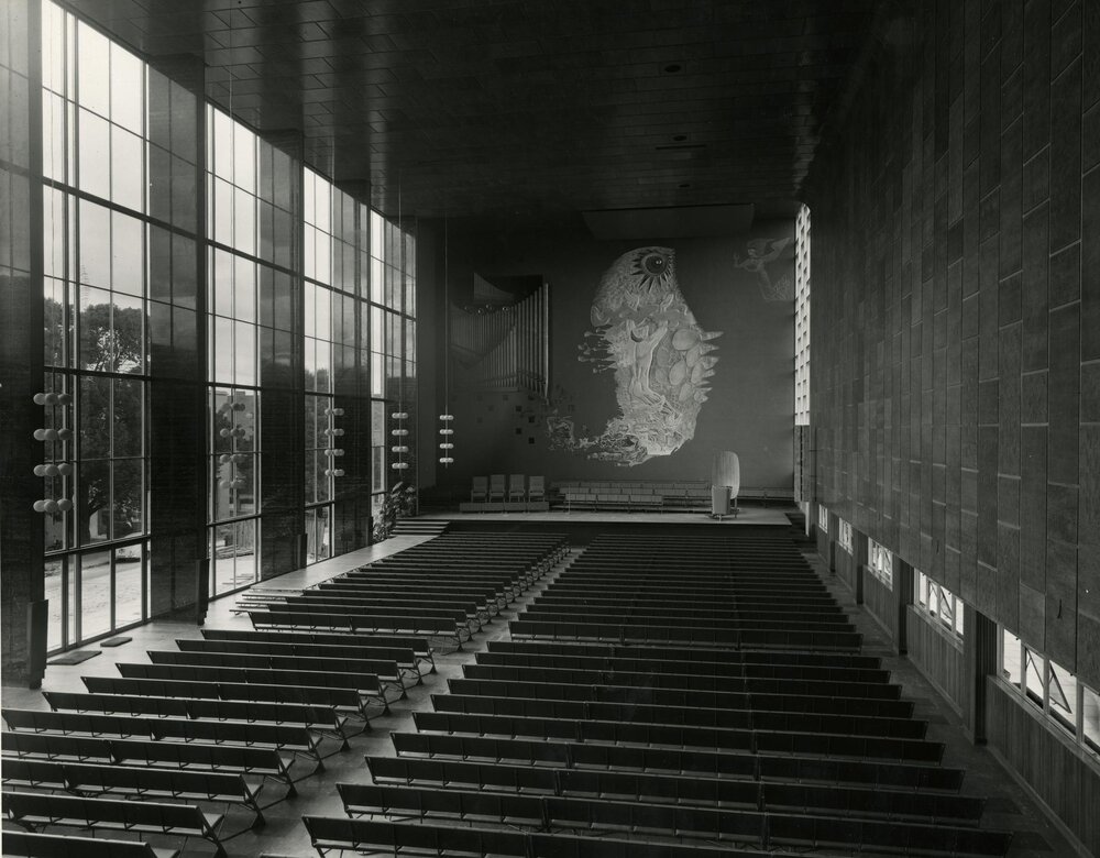 Interior of the new Wilson Hall from balcony, University of Melbourne, circa 1956.