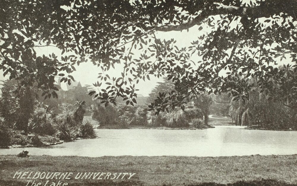 Looking east across lake, University of Melbourne, circa 1910.