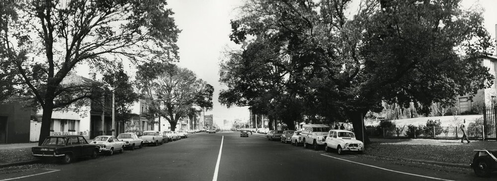 Looking south along Swanston Street from north of Elgin Street corner, circa 1971-1972.