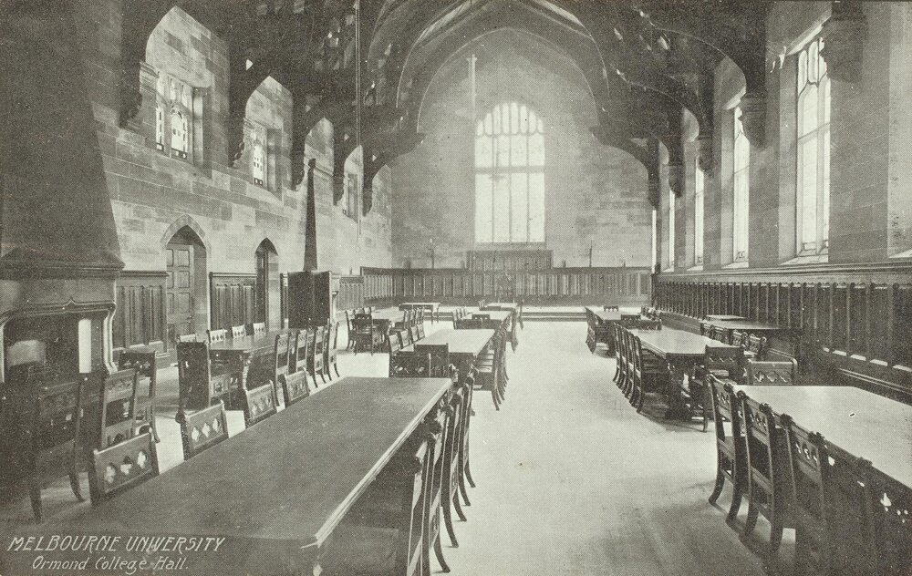 Ormond College hall, University of Melbourne, circa 1910.