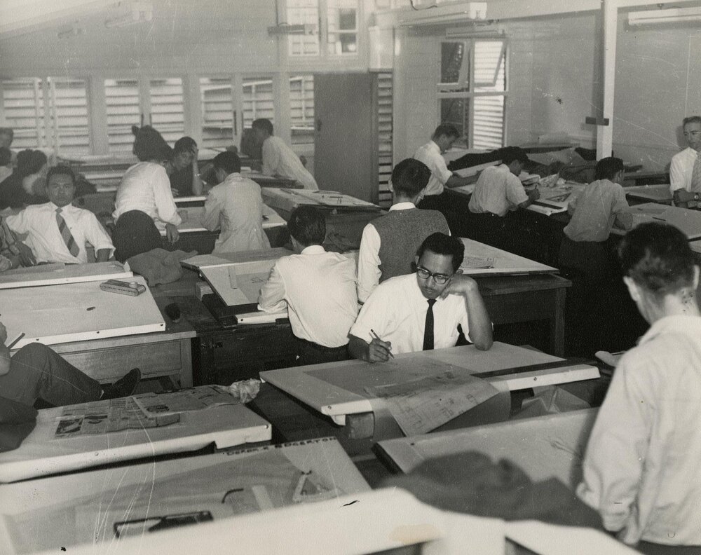 Overcrowded conditions in Architecture classroom, University of Melbourne, 1958.