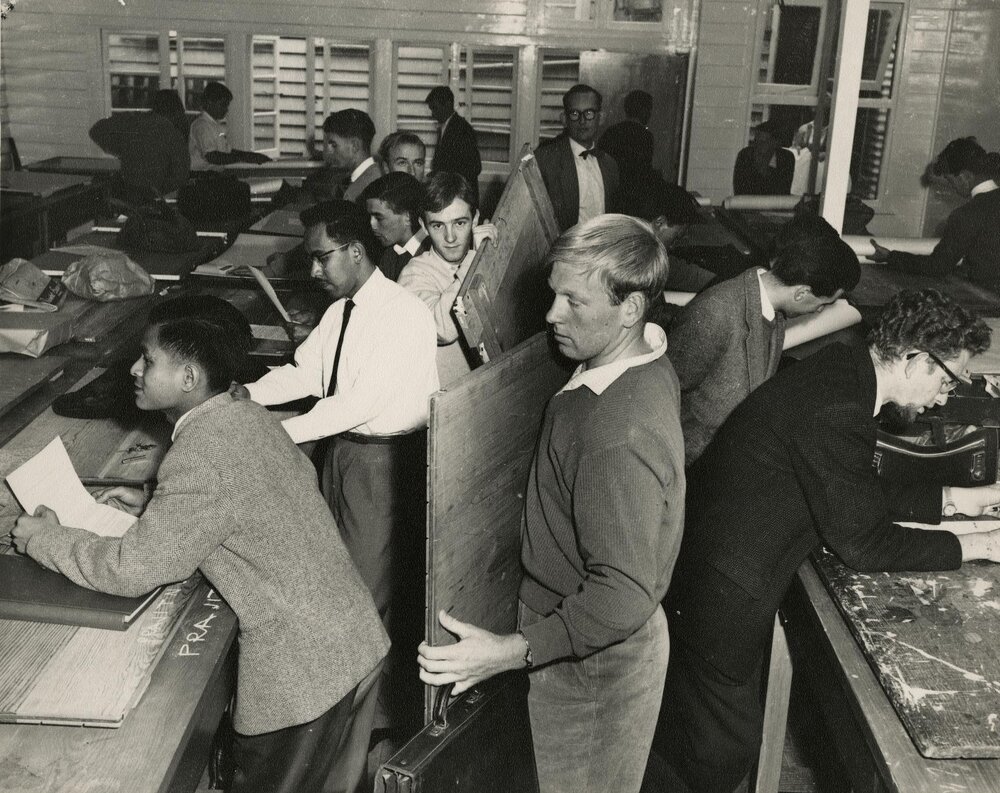 Overcrowded conditions in Architecture classroom, University of Melbourne, 1958.
