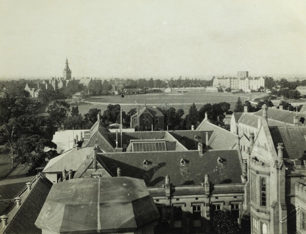View from the Old Arts Clock-tower, University of Melbourne, circa 1931-1936.