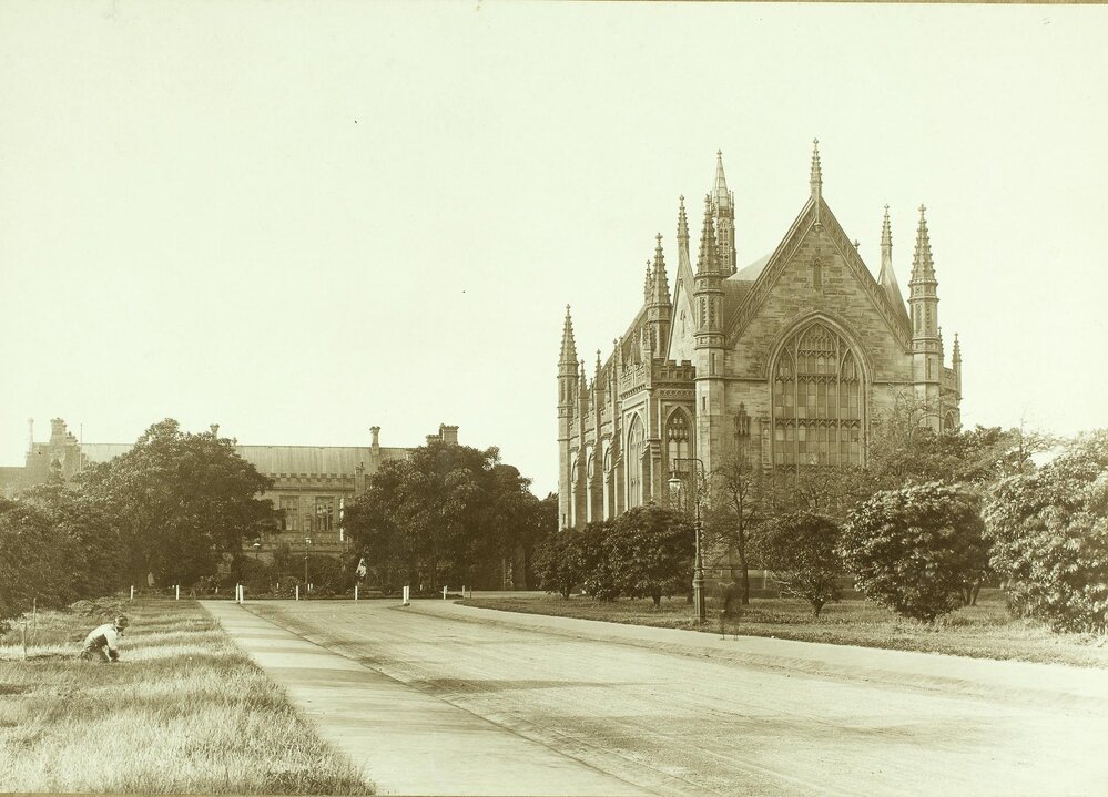 View of Old Wilson Hall along main drive, University of Melbourne, October 1918.
