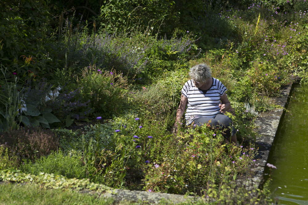 [Greer with garden and water feature]