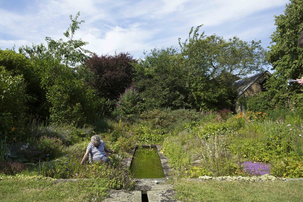 [Greer with garden and water feature]