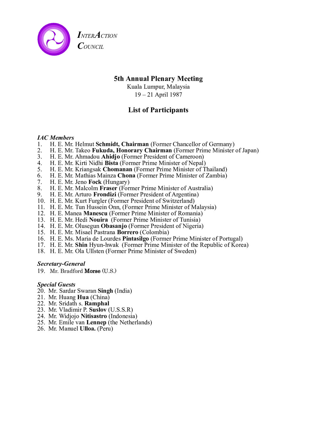 5. Kuala Lumpur Plenary LOP [list of participants]