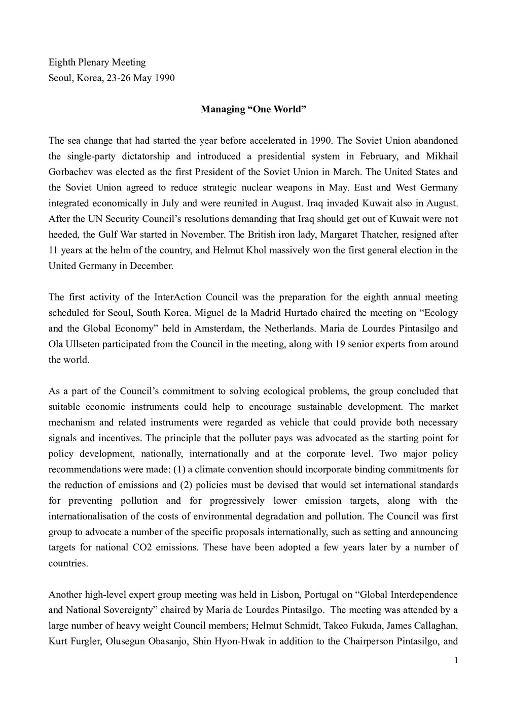 1. Eighth Plenary Meeting - Background and Summary