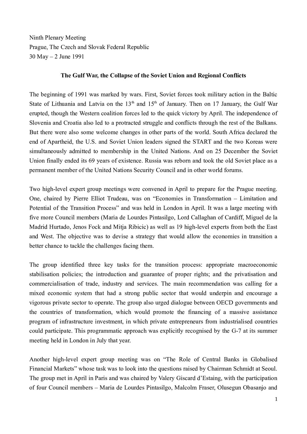 1. Prague Plenary Meeting - Background and Summary