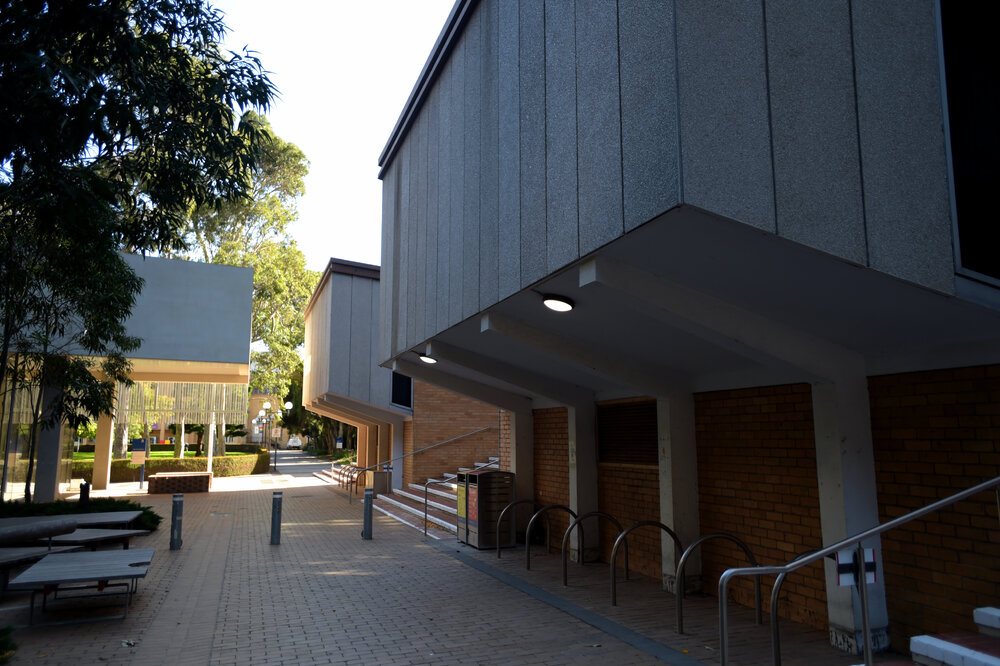 Parkville during COVID lockdown - Walkway looking west between Glyn Davis Building and Redmond Barry Building