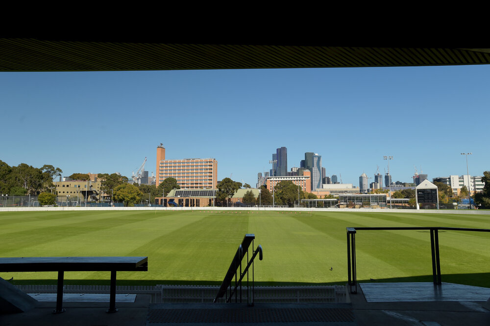 Parkville during COVID lockdown - MU Sports University Oval looking south from the Ernie Cropley Sports Pavillion