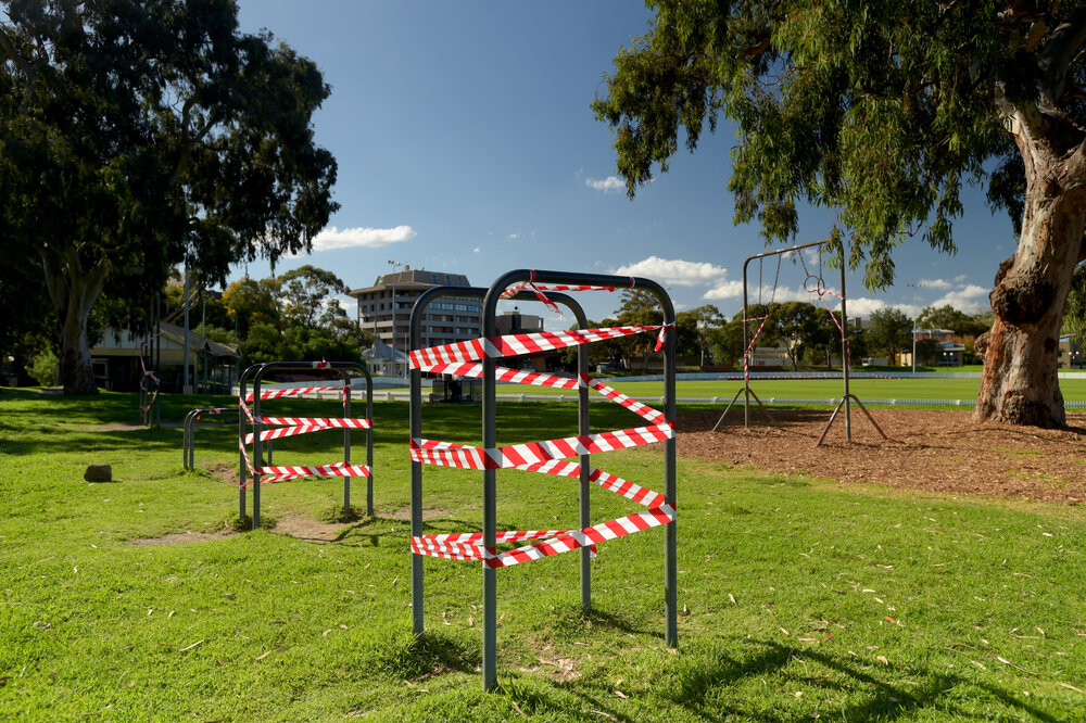 Parkville during COVID lockdown - MU Sports equipment under stage 3 and 4 restrictions - located south west corner of University Oval
