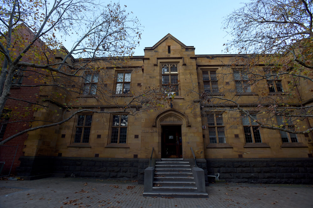 Parkville during COVID lockdown - West entrance to Old Arts Building from Professors Walk