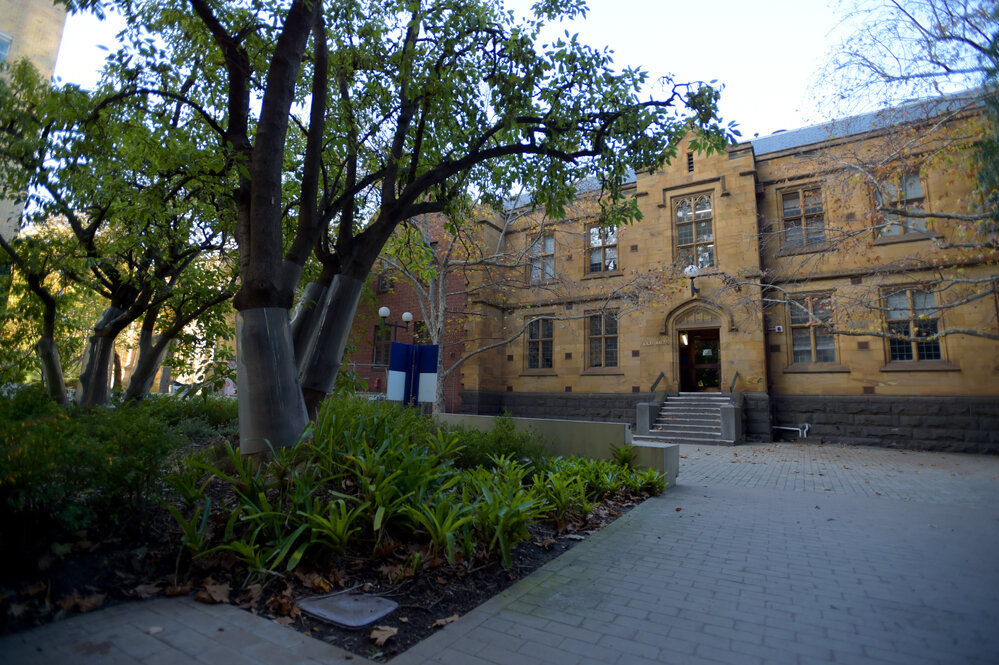 Parkville during COVID lockdown - West entrance to Old Arts Building from Professors Walk