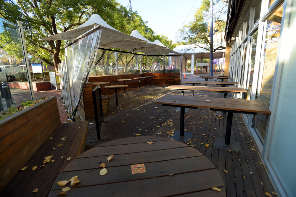 Parkville during COVID lockdown - Outdoor tables at The Dumplings and Tea Co Restaurant at Union House closed during stage 3 and 4 restrictions