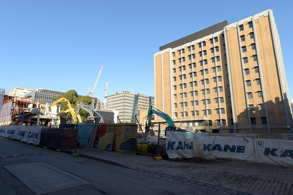 Parkville during COVID lockdown - New Student Precinct Construction Site photographed from Monash Rd - Doug McDonell building in background
