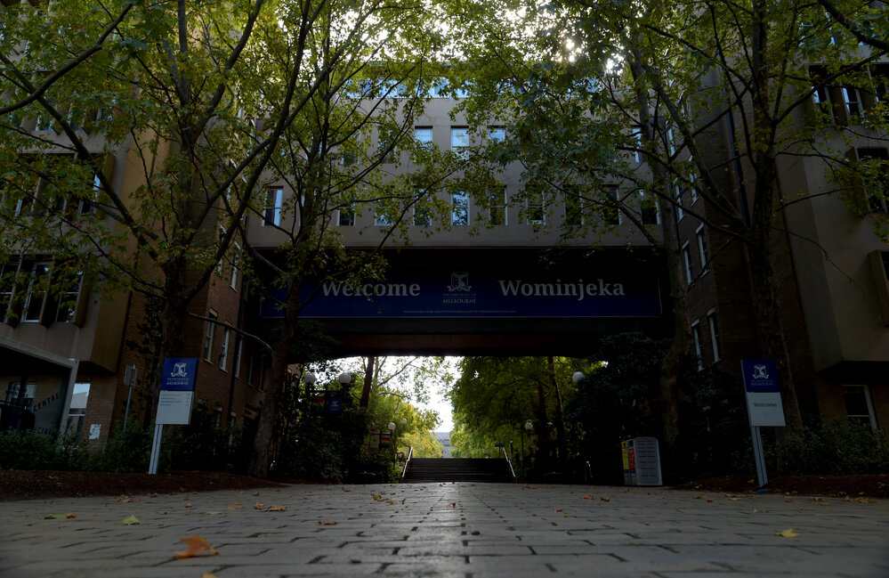 Parkville during COVID lockdown - John Medley Building welcome sign at Gate 10