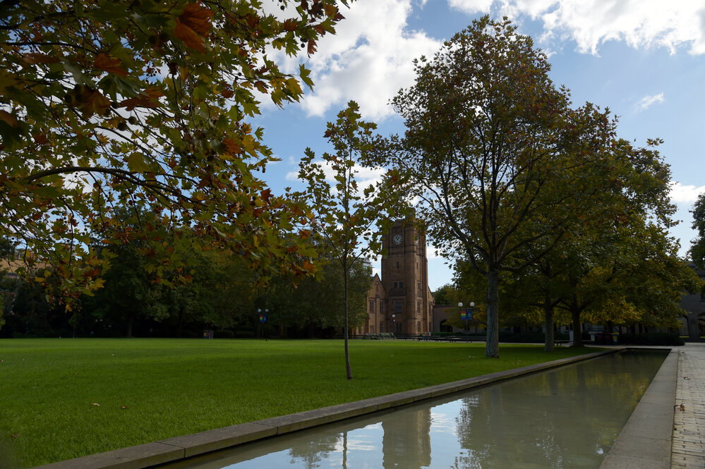 Parkville during COVID lockdown - Reflection Pond on South Lawn with Clocktower