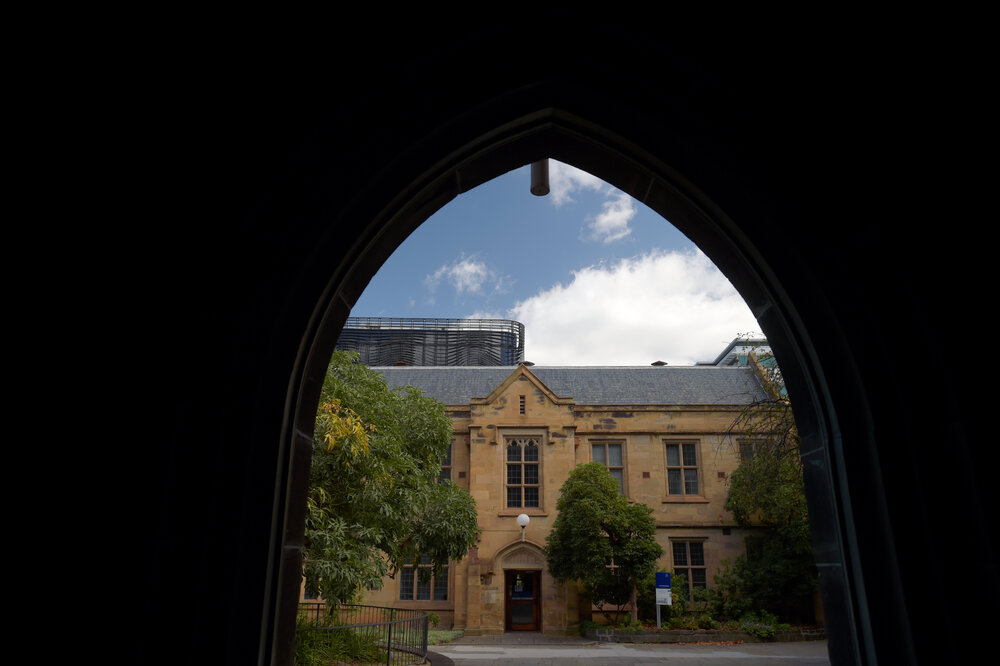 Parkville during COVID lockdown - Photographed from Old Quadrange Building looking across Cussonia Court towards faade of Old Arts Building
