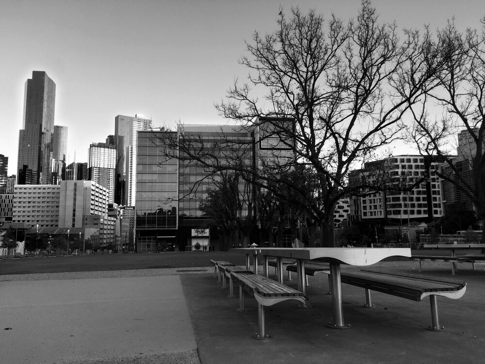 Parkville during COVID lockdown - University Square looking towards Melbourne Law School - Monochrome