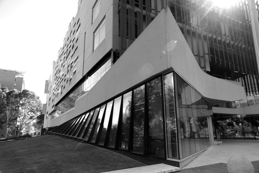 Parkville during COVID lockdown - South east corner of Glyn Davis Building - Melbourne School of Design - Monochrome