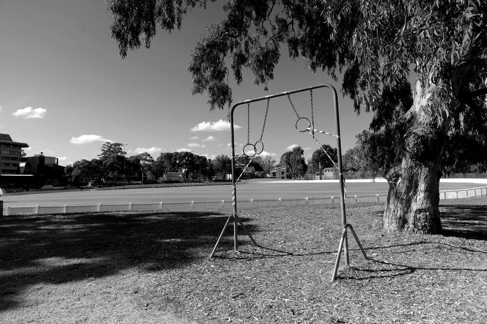 Parkville during COVID lockdown - MU Sports equipment under stage 3 and 4 restrictions - located south west corner of University Oval - Monochrome