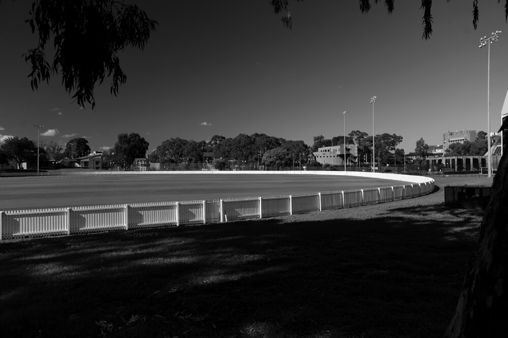 Parkville during COVID lockdown - MU Sports University Oval - photo taken from south west corner - Monochrome