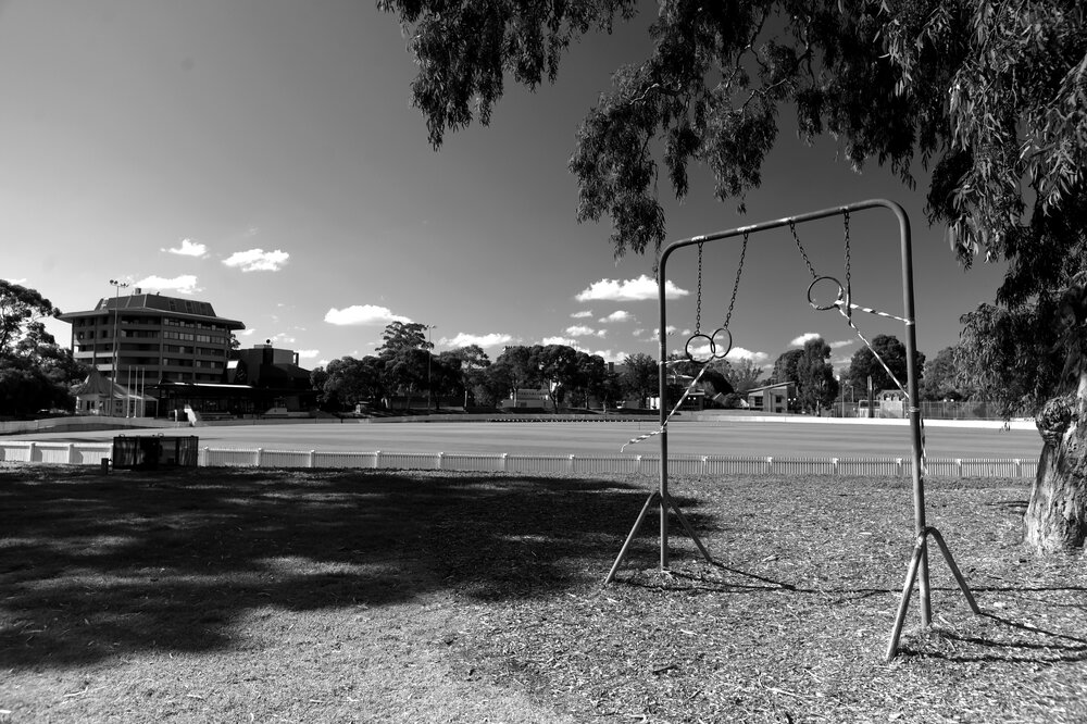 Parkville during COVID lockdown - MU Sports equipment under stage 3 and 4 restrictions - located south west corner of University Oval - Monochrome