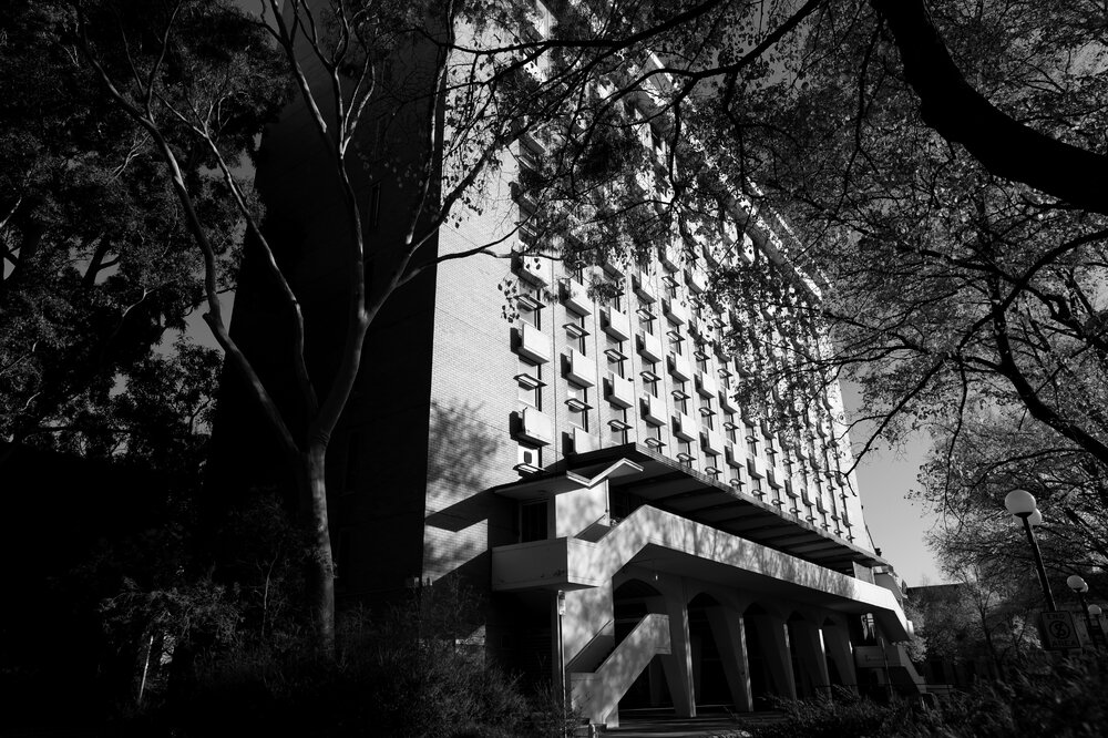 Parkville during COVID lockdown - Northern faade of Raymond Priestley Building - photo taken from Masson Rd - Monochrome
