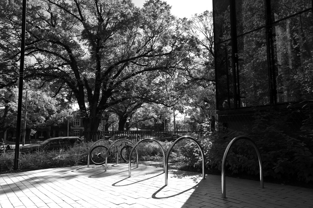 Parkville during COVID lockdown - Empty bikeracks outside Western Edge Biosciences Building on Royal Parade - Monochrome